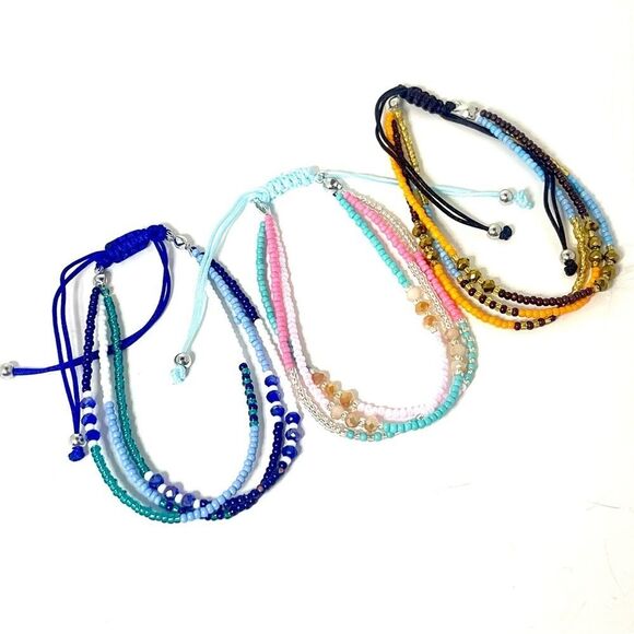 Artisan Jewelry - NEW Set Of Three Hand Beaded Adjustable Size Boho Friendship Stacking Bracelets​